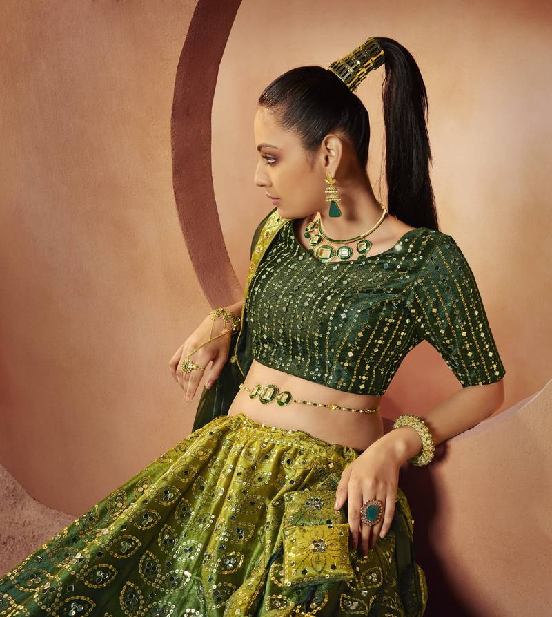 GREEN SEQUINS EMBROIDERED WITH MIRROR WORK VELVET FESTIVE & PARTY WEAR SEMI STITCHED LEHENGA