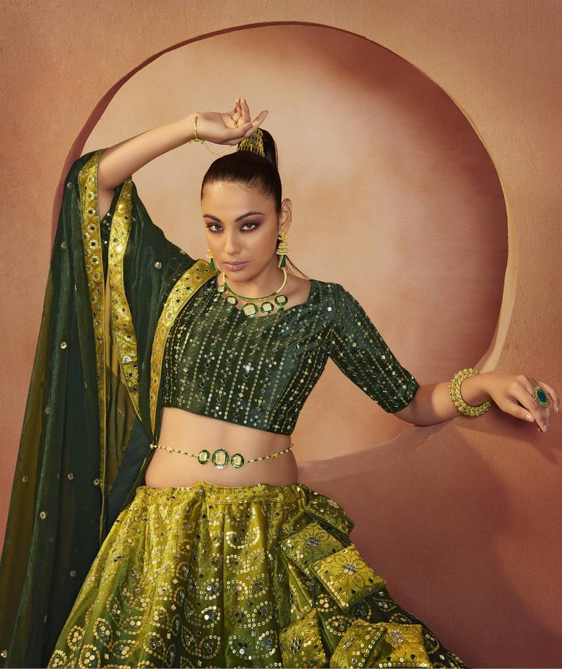 GREEN SEQUINS EMBROIDERED WITH MIRROR WORK VELVET FESTIVE & PARTY WEAR SEMI STITCHED LEHENGA