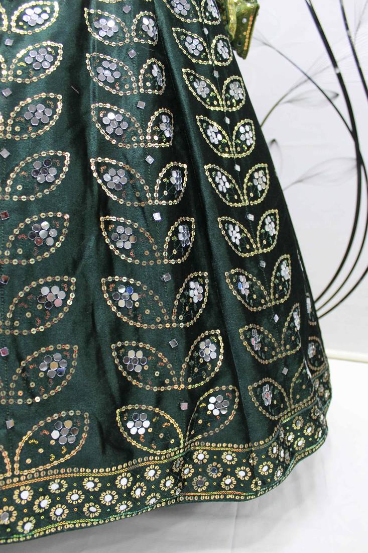 GREEN SEQUINS EMBROIDERED WITH MIRROR WORK VELVET FESTIVE & PARTY WEAR SEMI STITCHED LEHENGA