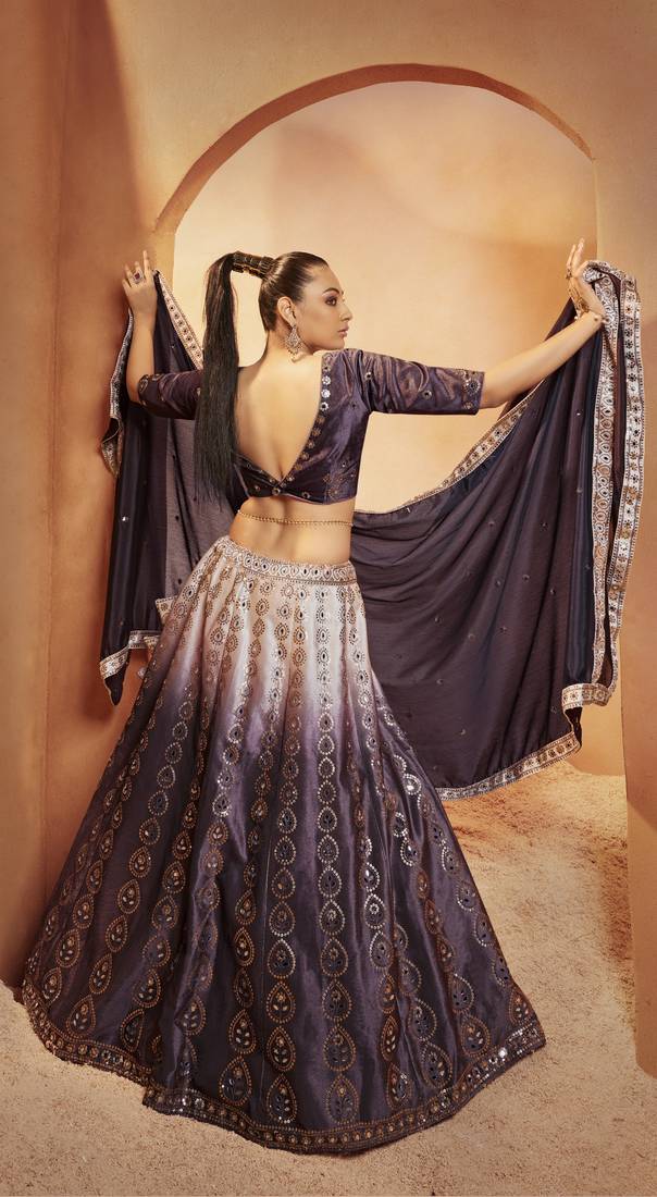 PURPLE SEQUINS EMBROIDERED WITH MIRROR WORK VELVET FESTIVE & PARTY WEAR SEMI STITCHED LEHENGA