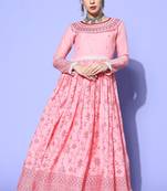 Pink Mirror Work Mal Cotton A-Line Flared Gown