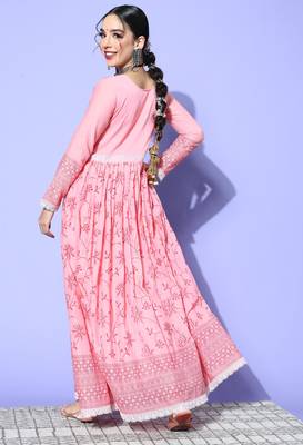 Pink Mirror Work Mal Cotton A-Line Flared Gown 2