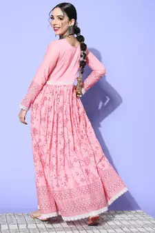 Pink Mirror Work Mal Cotton A-Line Flared Gown
