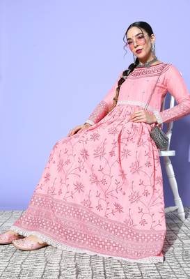 Pink Mirror Work Mal Cotton A-Line Flared Gown 3