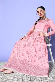 Pink Mirror Work Mal Cotton A-Line Flared Gown