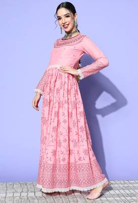 Pink Mirror Work Mal Cotton A-Line Flared Gown 4