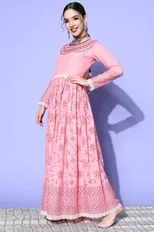 Pink Mirror Work Mal Cotton A-Line Flared Gown