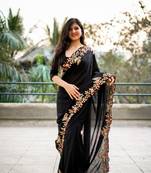 Black woven art silk saree with blouse