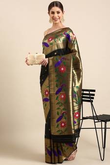 Black woven paithani silk saree with blouse