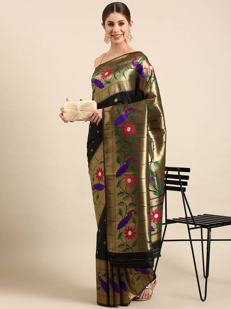 Black woven paithani silk saree with blouse