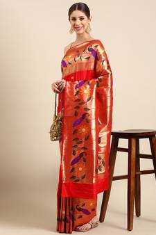 Red woven paithani silk saree with blouse