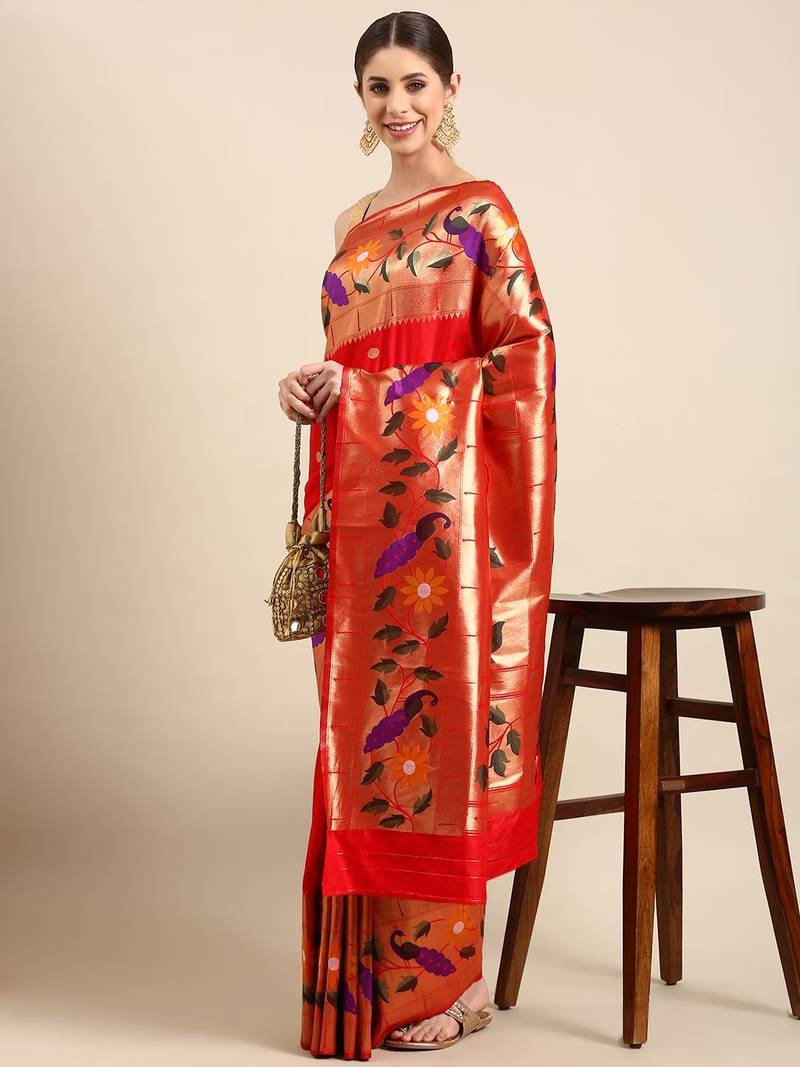 Red woven paithani silk saree with blouse