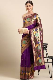Violet woven paithani silk saree with blouse