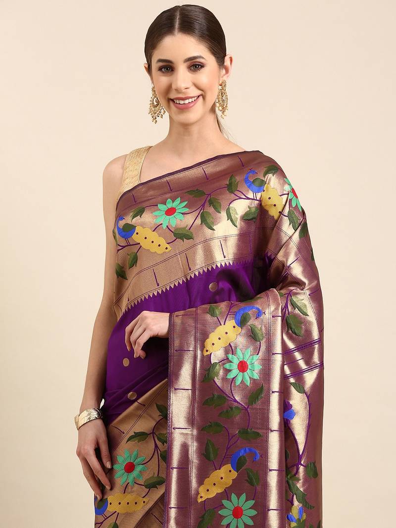 Violet woven paithani silk saree with blouse