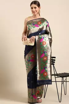 Dark navy blue woven paithani silk saree with blouse