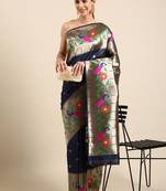 Dark navy blue woven paithani silk saree with blouse