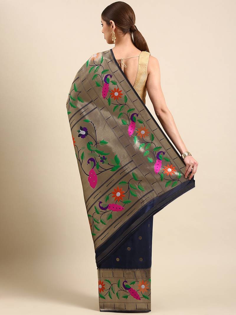 Dark navy blue woven paithani silk saree with blouse