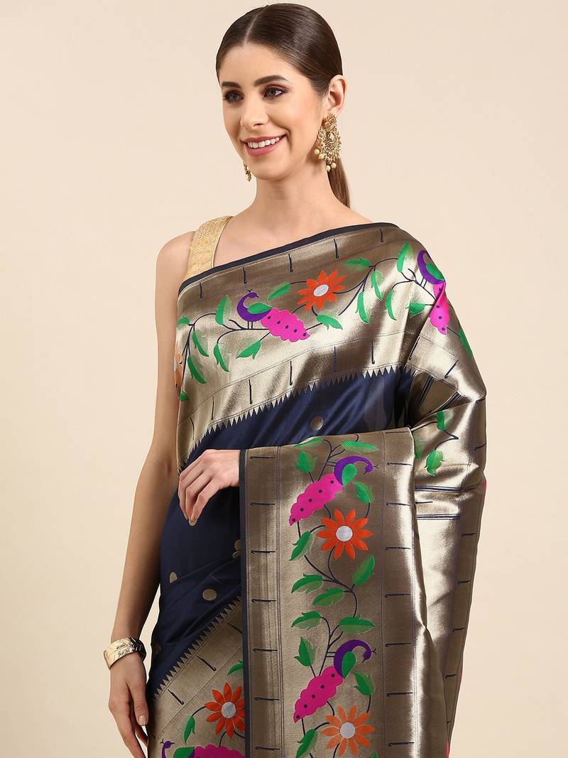 Dark navy blue woven paithani silk saree with blouse