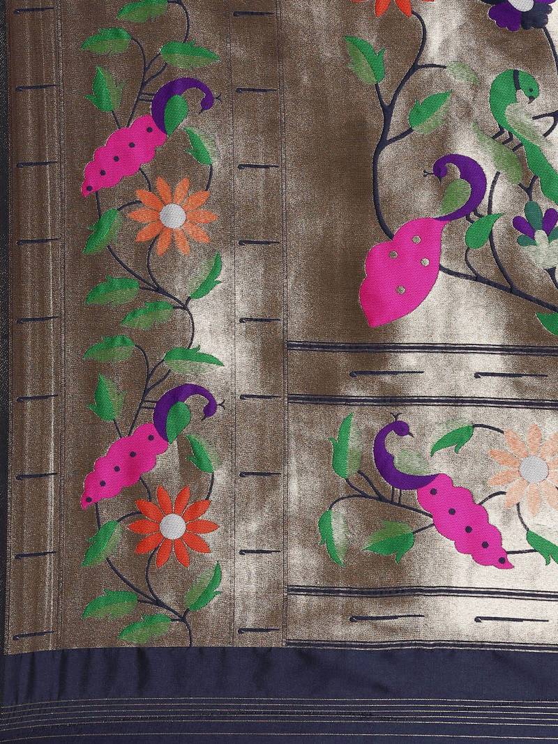 Dark navy blue woven paithani silk saree with blouse