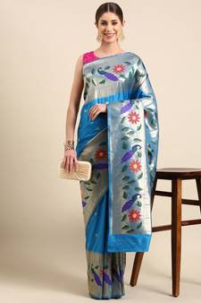 Sky blue woven paithani silk saree with blouse