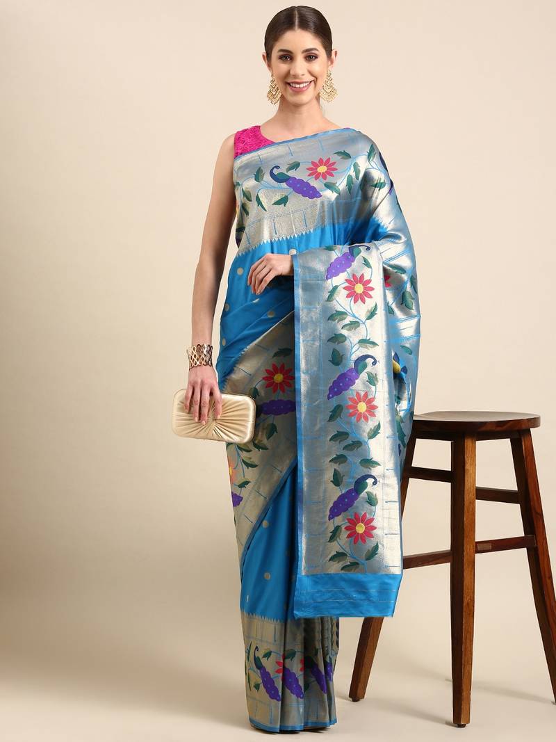 Sky blue woven paithani silk saree with blouse