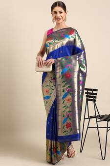 Blue woven paithani silk saree with blouse