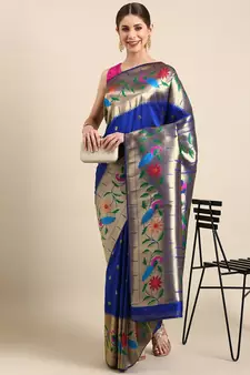 Blue woven paithani silk saree with blouse