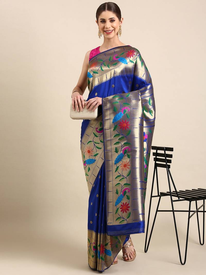 Blue woven paithani silk saree with blouse