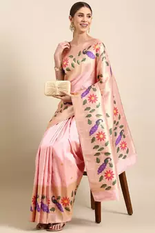 Light pink woven paithani silk saree with blouse