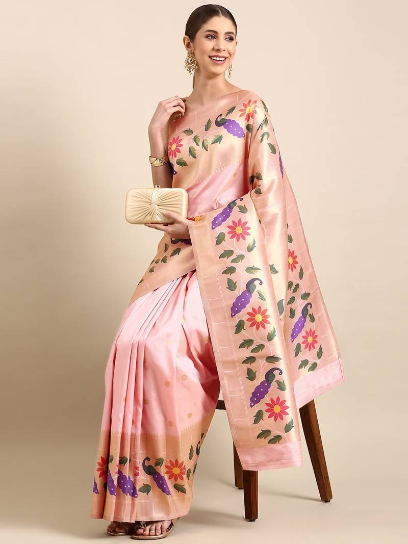 Light pink woven paithani silk saree with blouse