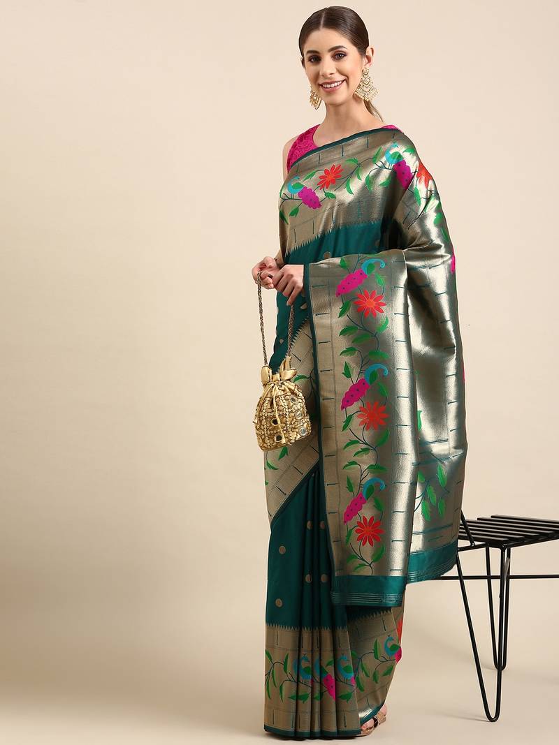 Dark green woven paithani silk saree with blouse