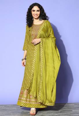 Green Zari Sequence Gota Work Foil Printed Viscose Rayon Kurta Skirt With Dupatta 1