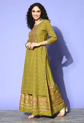 Green Zari Sequence Gota Work Foil Printed Viscose Rayon Kurta Skirt With Dupatta 3