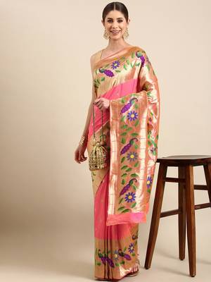 Peach woven paithani silk saree with blouse 1