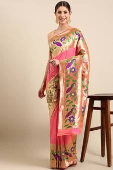 Peach woven paithani silk saree with blouse