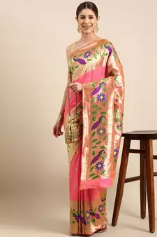 Peach woven paithani silk saree with blouse