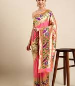 Peach woven paithani silk saree with blouse