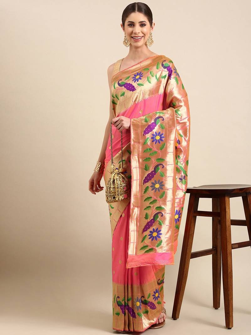 Peach woven paithani silk saree with blouse