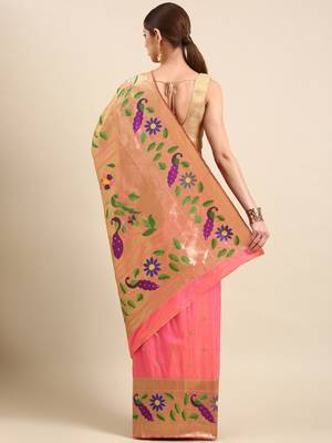 Peach woven paithani silk saree with blouse 2