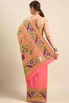 Peach woven paithani silk saree with blouse