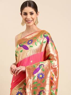 Peach woven paithani silk saree with blouse 3