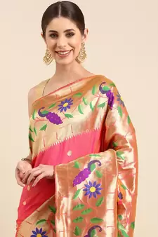 Peach woven paithani silk saree with blouse