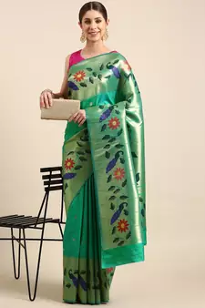 Teal woven paithani silk saree with blouse