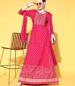 Pink Zari Sequence Gota Work Foil Printed Viscose Rayon Kurta Skirt With Dupatta