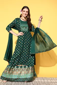 Green Foil Printed Rayon Kurta With Skirt and Net Dupatta