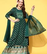 Green Foil Printed Rayon Kurta With Skirt and Net Dupatta