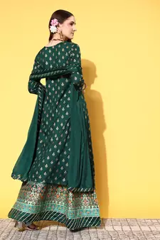 Green Foil Printed Rayon Kurta With Skirt and Net Dupatta