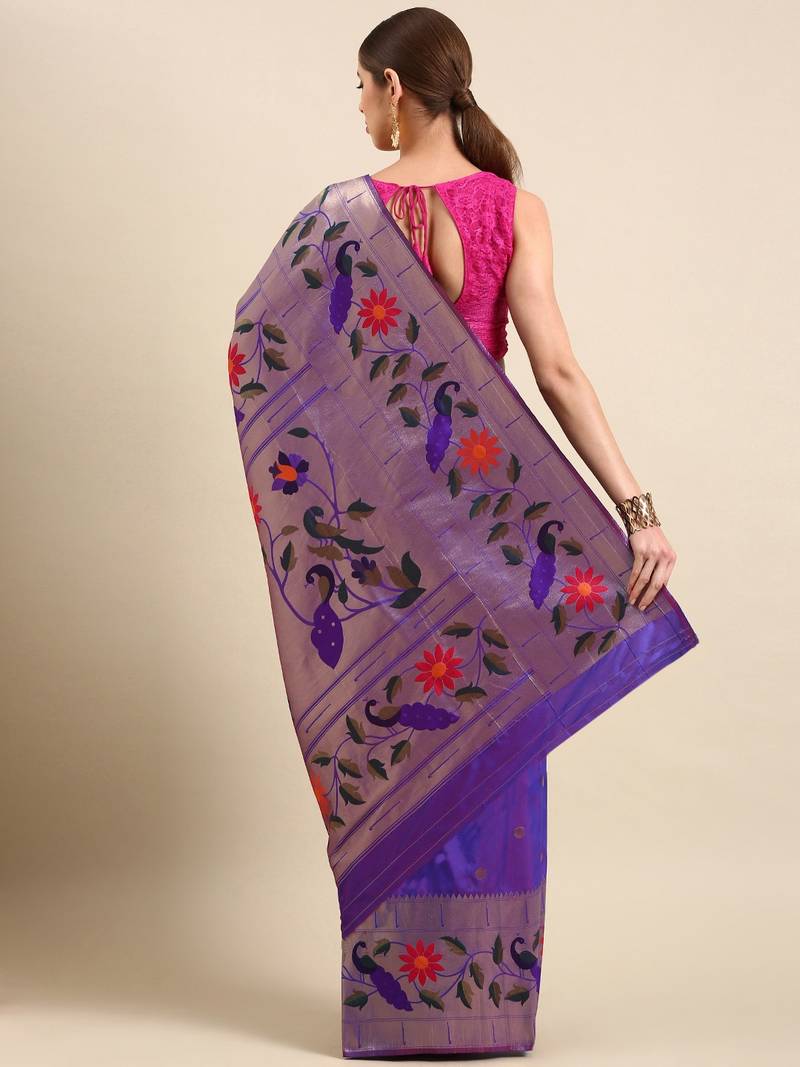 Dark purple woven paithani silk saree with blouse