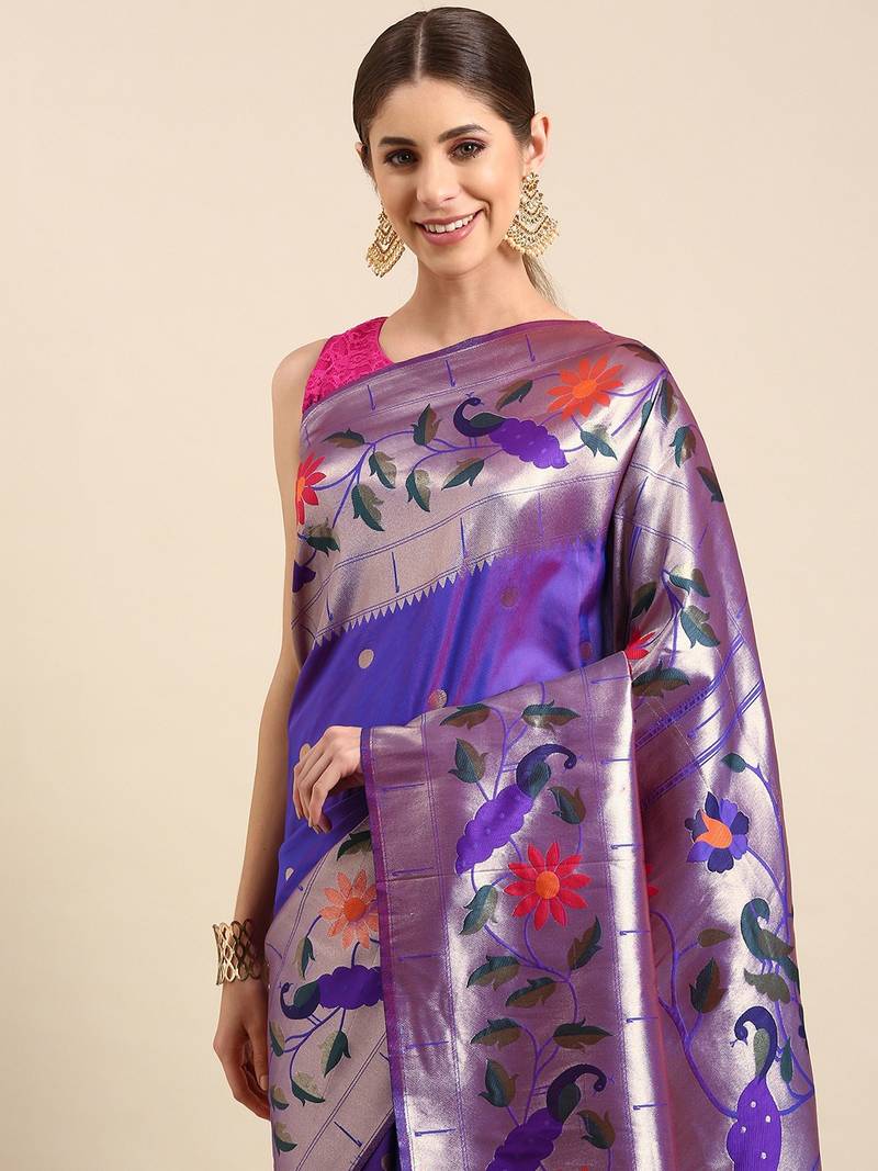 Dark purple woven paithani silk saree with blouse