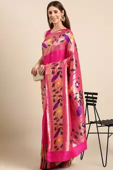 Pink woven paithani silk saree with blouse